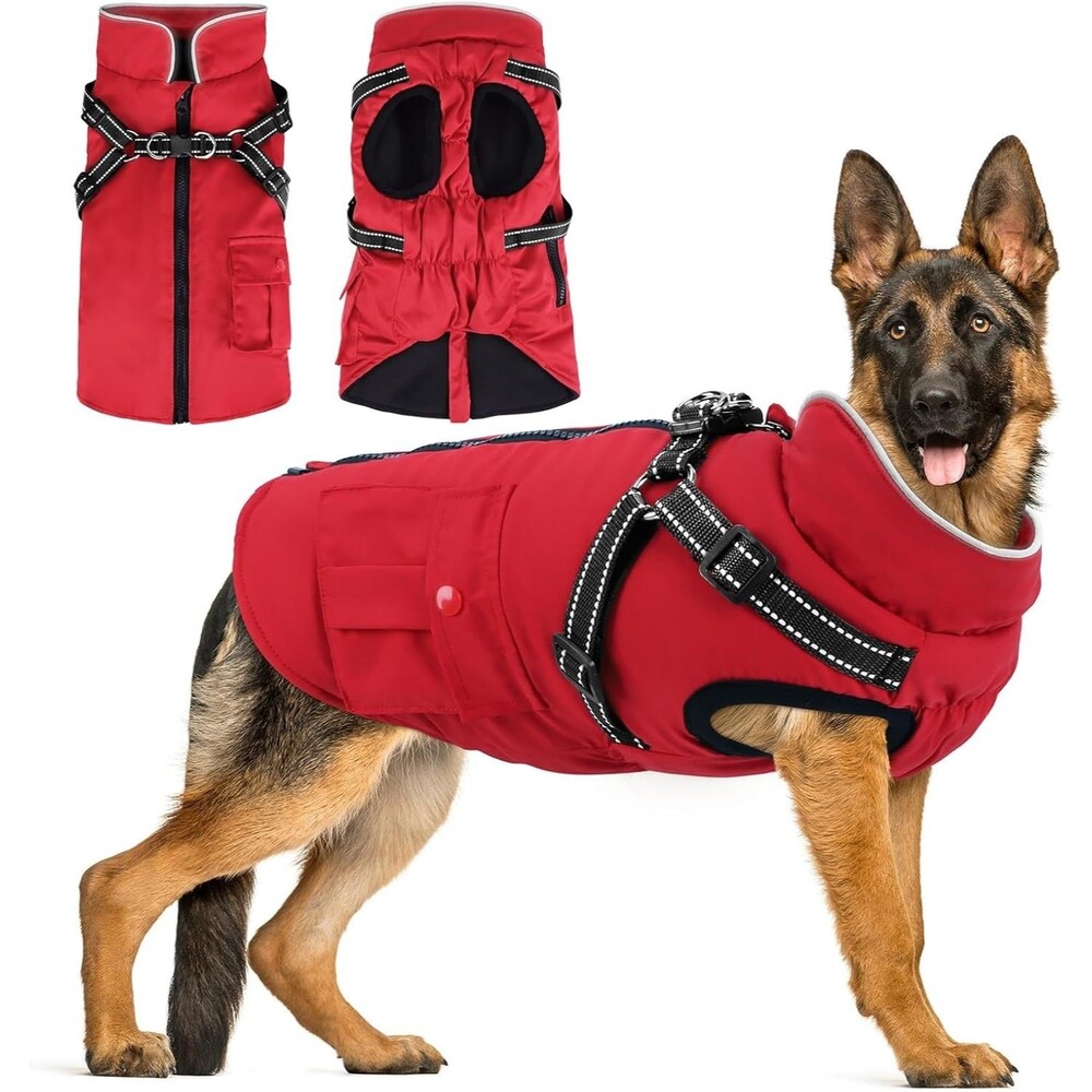 Dog Winter Coat RED Built-in Harness Waterproof Dog  Mountaineer Jacket 4XL